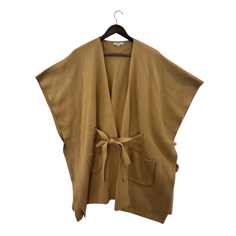 LOFT Women's Camel Knit Poncho Cardigan Open Front Belted Pockets M L
